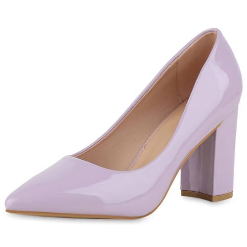 VAN HILL Damen Klassische Pumps Blockabsatz Lack Klassisch Schuhe 213583 Helllila Lack 40 von VAN HILL