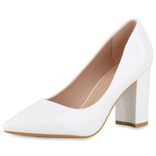 VAN HILL Damen Klassische Pumps Blockabsatz Lack Klassisch Schuhe 213584 Weiss Lack 37 von VAN HILL