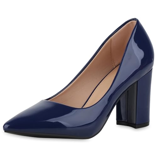 VAN HILL Damen Klassische Pumps Blockabsatz Lack Klassisch Schuhe 213586 Dunkelblau Lack 38 von VAN HILL