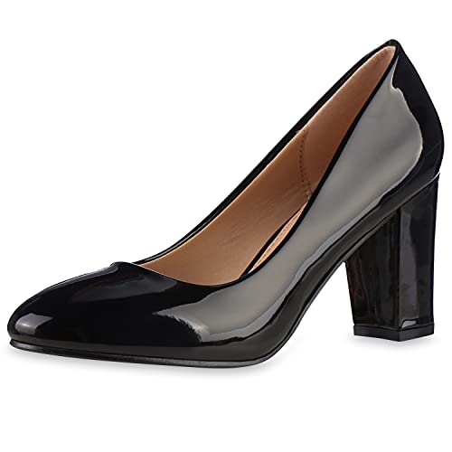 VAN HILL Damen Klassische Pumps Blockabsatz Schuhe Elegante Lack Absatzschuhe Party Freizeit Abendschuhe 201561 Schwarz Lack 36 von VAN HILL