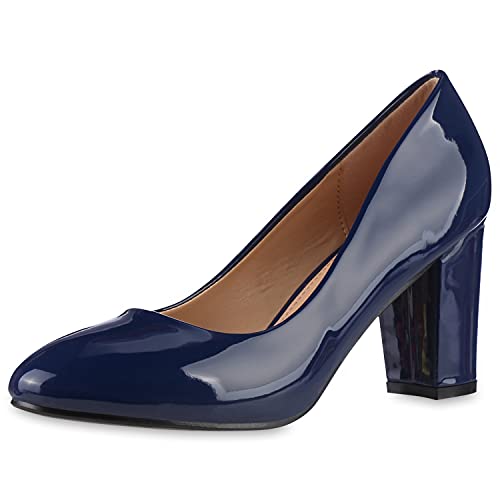 VAN HILL Damen Klassische Pumps Blockabsatz Schuhe Elegante Lack Absatzschuhe Party Freizeit Abendschuhe 201563 Dunkelblau Lack 36 von VAN HILL