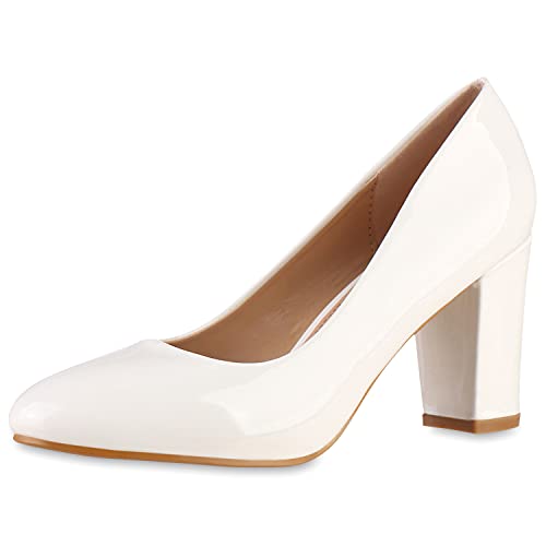 VAN HILL Damen Klassische Pumps Blockabsatz Schuhe Elegante Lack Absatzschuhe Party Freizeit Abendschuhe 201568 Weiss 36 von VAN HILL