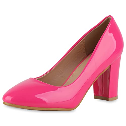 VAN HILL Damen Klassische Pumps Blockabsatz Schuhe Elegante Lack Absatzschuhe Party Freizeit Abendschuhe 207935 Neon Pink Lack 38 von VAN HILL