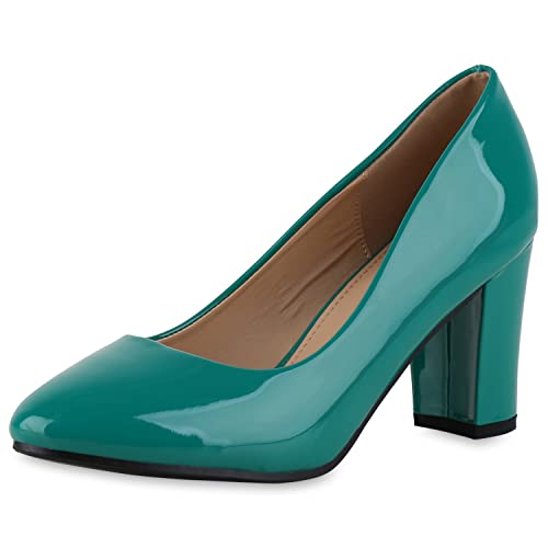 VAN HILL Damen Klassische Pumps Blockabsatz Schuhe Elegante Lack Absatzschuhe Party Freizeit Abendschuhe 207936 Moosgrün Lack 37 von VAN HILL