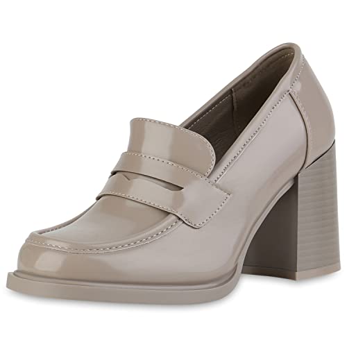 VAN HILL Damen Klassische Pumps Blockabsatz Schuhe Lack Freizeitschuhe Leder-Optik Holzoptikabsatz Absatzschuhe 212225 Khaki Lack 41 von VAN HILL