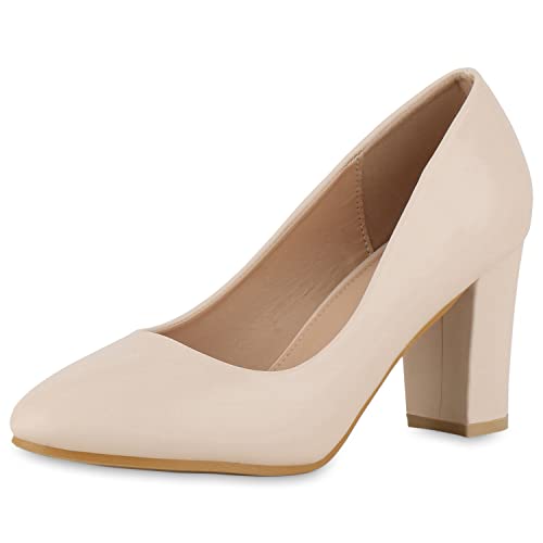 VAN HILL Damen Klassische Pumps Blockabsatz Schuhe Leder-Optik Absatzschuhe Elegante Freizeit Abendschuhe 212325 Beige Basic 36 von VAN HILL