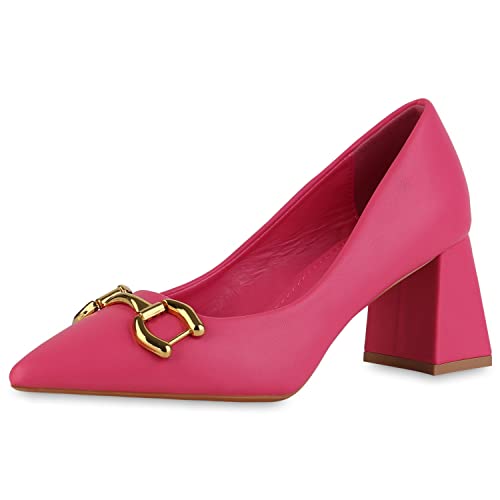 VAN HILL Damen Klassische Pumps Blockabsatz Schuhe Spitze Ketten Abendschuhe Mid Heels Freizeitschuhe 210020 Fuchsia Ketten 39 von VAN HILL