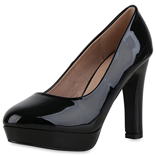 VAN HILL Damen Klassische Pumps Stiletto Schuhe Plateau Vorne Absatzschuhe Elegante Lack Abendschuhe 210696 Schwarz Lack 36 von VAN HILL