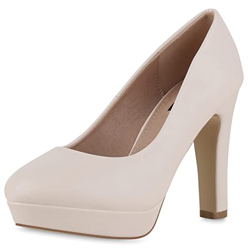 VAN HILL Damen Klassische Pumps Stiletto Schuhe Plateau Vorne Absatzschuhe Leder-Optik Plateauschuhe 210707 Beige 39 von VAN HILL