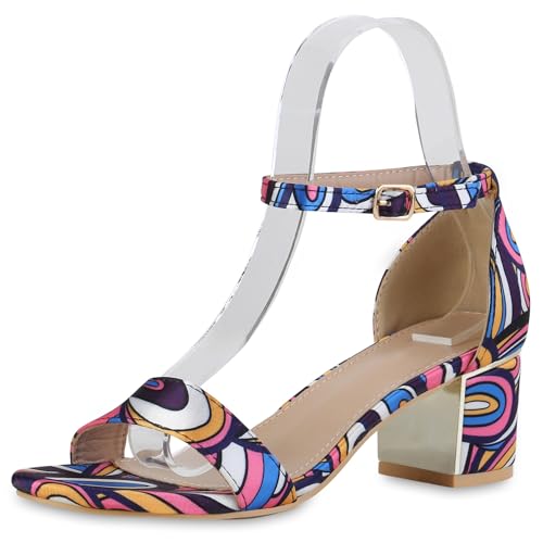 VAN HILL Damen Klassische Sandaletten Blockabsatz Prints Trendy Schuhe 214222 Blau Pink Weiss Muster 39 von VAN HILL