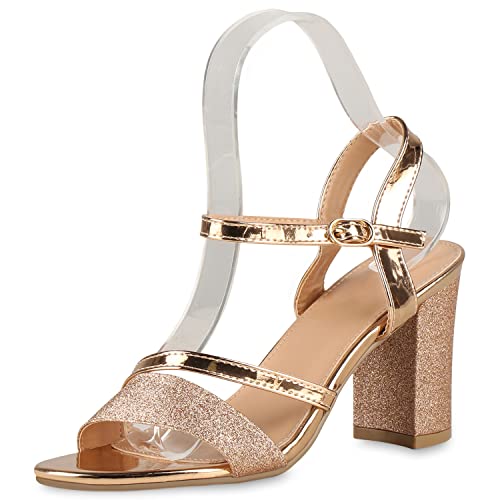 VAN HILL Damen Klassische Sandaletten Blockabsatz Schuhe Elegante Party Abendschuhe Glitzer Absatzschuhe 203051 Rose Gold 37 von VAN HILL