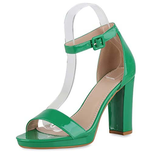 VAN HILL Damen Klassische Sandaletten Blockabsatz Schuhe Lack Absatzschuhe Elegante Sommersandaletten Abendschuhe 208373 Grün Lack 38 von VAN HILL