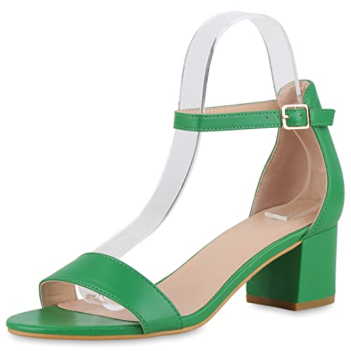 VAN HILL Damen Klassische Sandaletten Blockabsatz Schuhe Leder-Optik Abendschuhe Elegante Mid Heels Riemchenschuhe 211191 Grün 41 von VAN HILL