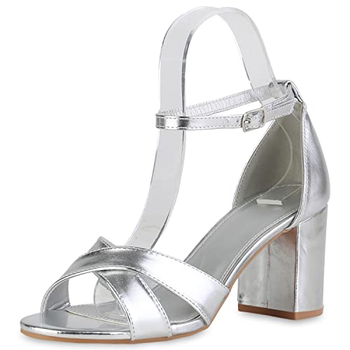 VAN HILL Damen Klassische Sandaletten Blockabsatz Schuhe Leder-Optik Sommersandaletten Schließe Freizeit Abendschuhe 212221 Silber Basic 39 von VAN HILL