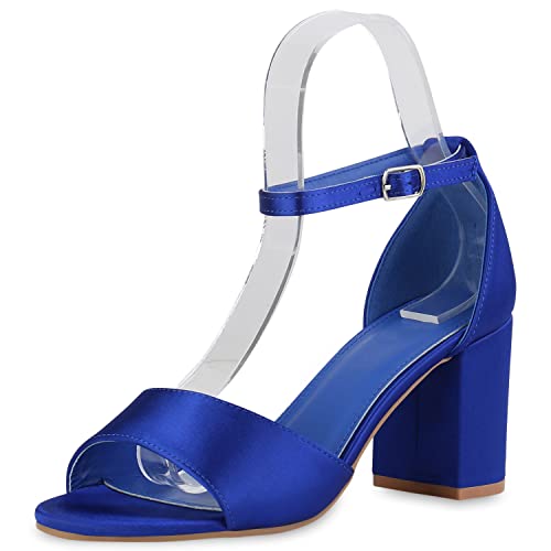 VAN HILL Damen Klassische Sandaletten Blockabsatz Schuhe Satin-Optik Elegante Stoff Abendschuhe Mid Heels Sommersandaletten 212270 Blau Satinoptik 38 von VAN HILL