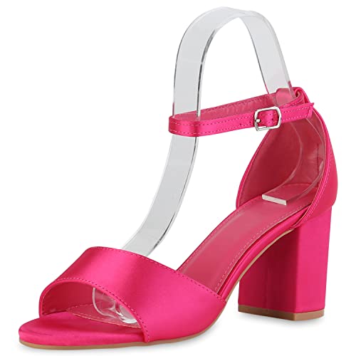 VAN HILL Damen Klassische Sandaletten Blockabsatz Schuhe Satin-Optik Elegante Stoff Abendschuhe Mid Heels Sommersandaletten 212273 Fuchsia Satinoptik 38 von VAN HILL