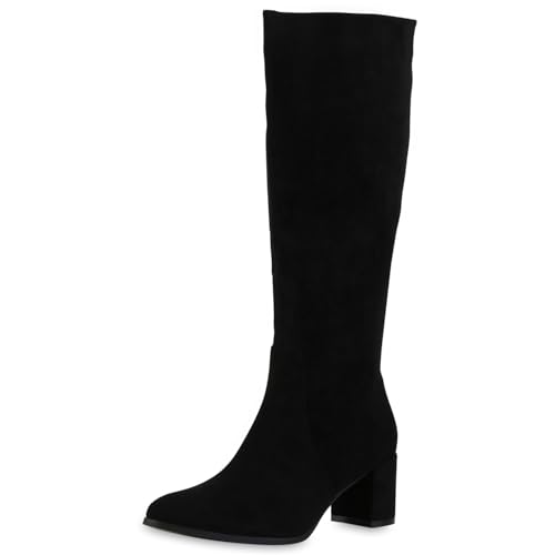 VAN HILL Damen Klassische Stiefel Blockabsatz Basic Klassisch Schuhe 217612 Schwarz Velours 40 von VAN HILL