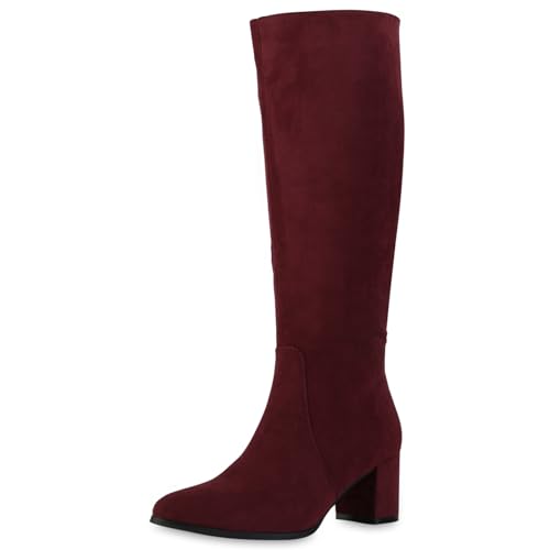 VAN HILL Damen Klassische Stiefel Blockabsatz Basic Klassisch Schuhe 217616 Burgund Velours 38 von VAN HILL