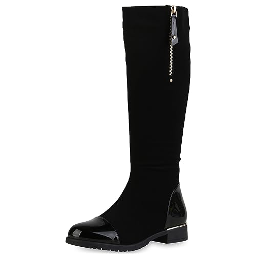 VAN HILL Damen Klassische Stiefel Blockabsatz Lack Trendy Schuhe 840545 213099 Schwarz Lack 36 von VAN HILL