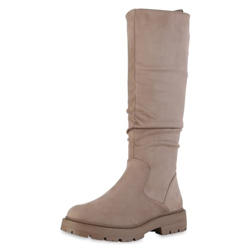 VAN HILL Damen Klassische Stiefel Blockabsatz Plateau Vorne Trendy Schuhe 216076 Khaki 36 von VAN HILL