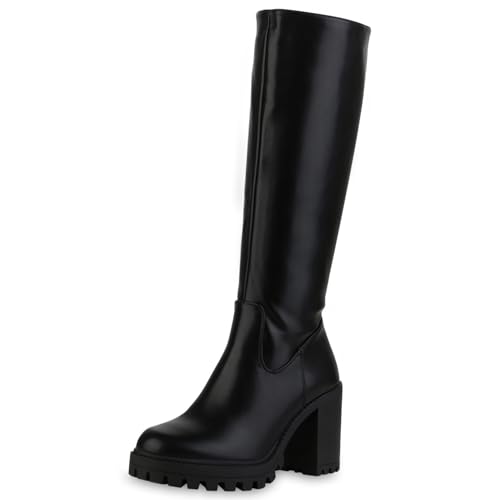 VAN HILL Damen Klassische Stiefel Blockabsatz Profilsohle Klassisch Schuhe 213793 Schwarz 36 von VAN HILL
