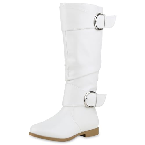 VAN HILL Damen Klassische Stiefel Blockabsatz Schnallen Trendy Schuhe 214121 Weiss 39 von VAN HILL