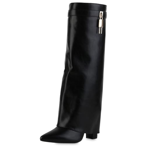 VAN HILL Damen Klassische Stiefel Blockabsatz Schnallen Trendy Schuhe 217565 Schwarz 36 von VAN HILL