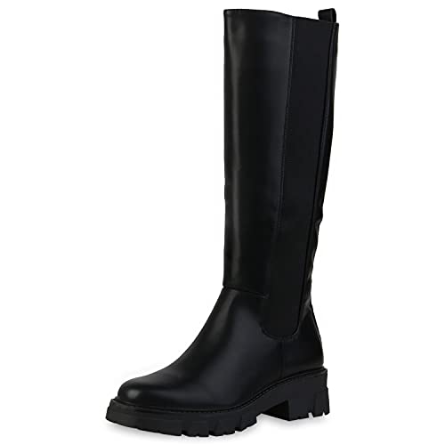 VAN HILL Damen Klassische Stiefel Blockabsatz Schuhe Profilsohle Boots Absatzschuhe Freizeitschuhe 201156 Schwarz Total 37 von VAN HILL