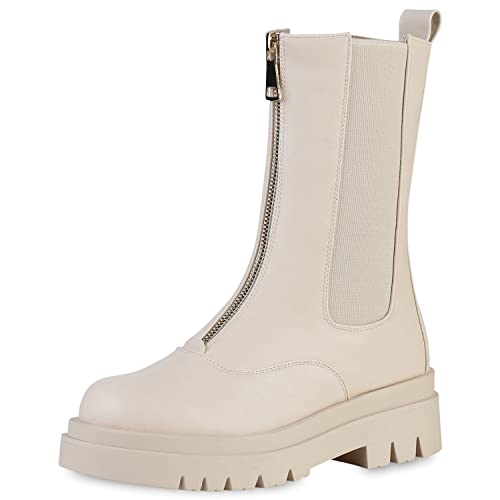 VAN HILL Damen Klassische Stiefel Blockabsatz Schuhe Zipper Freizeit Boots Profilsohle Plateau Vorne Freizeitstiefel 208321 Beige 41 von VAN HILL