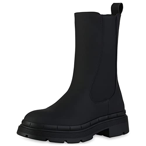 VAN HILL Damen Klassische Stiefel Leicht Gefütterte Blockabsatz Schuhe Profilsohle Boots Freizeitstiefel Plateauschuhe 208417 Schwarz 37 von VAN HILL