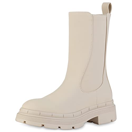 VAN HILL Damen Klassische Stiefel Leicht Gefütterte Blockabsatz Schuhe Profilsohle Boots Freizeitstiefel Plateauschuhe 208418 Beige 40 von VAN HILL