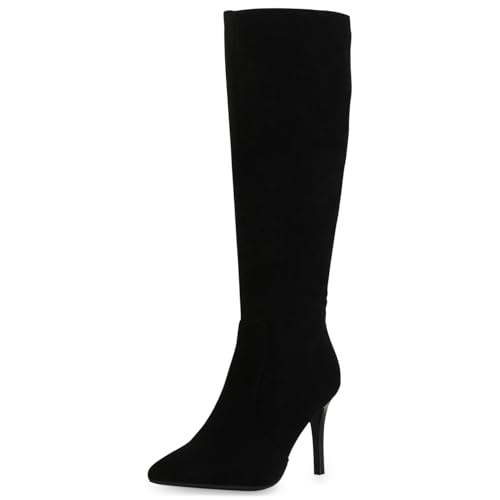 VAN HILL Damen Klassische Stiefel Stiletto Basic Trendy Schuhe 213850 Schwarz Velours 37 von VAN HILL