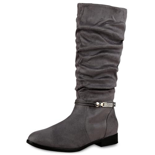 VAN HILL Damen Klassische Stiefel Strass Zierperlen Schuhe Leicht Gefüttert 610613 Grau 37 von VAN HILL