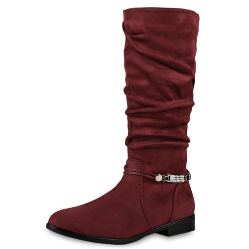 VAN HILL Damen Klassische Stiefel Strass Zierperlen Schuhe Leicht Gefüttert 610614 Dunkelrot 37 von VAN HILL