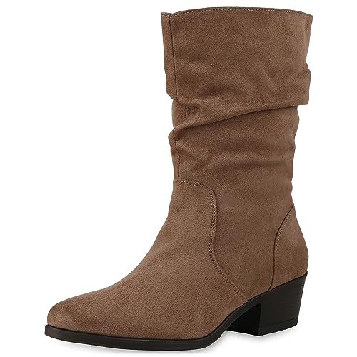 VAN HILL Damen Klassische Stiefel Trichterabsatz Holzoptikabsatz Klassisch Schuhe 840533 213074 Tan 40 von VAN HILL