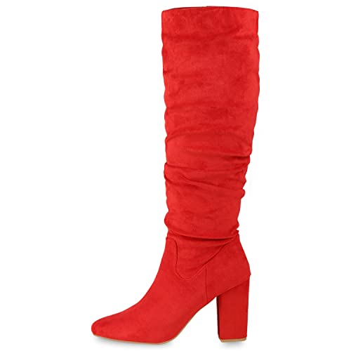 VAN HILL Damen Klassische Stiefel Veloursleder-Optik High Heels Blockabsatz Schuhe Slouch Boots Langschaftstiefel Absatzschuhe 610594 Rot 37 von VAN HILL