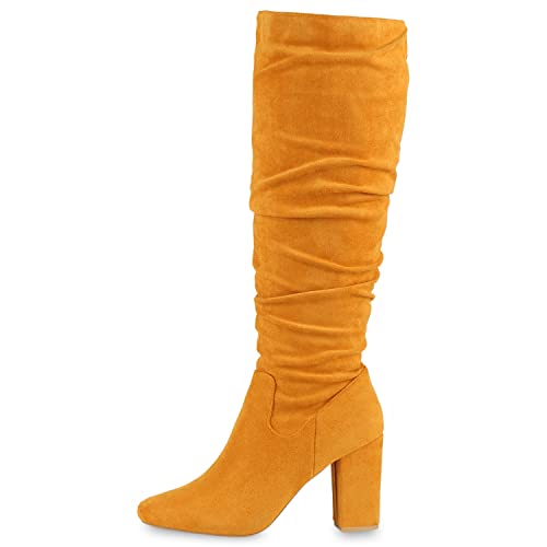 VAN HILL Damen Klassische Stiefel Veloursleder-Optik High Heels Blockabsatz Schuhe Slouch Boots Langschaftstiefel Absatzschuhe 610595 Gelb 39 von VAN HILL