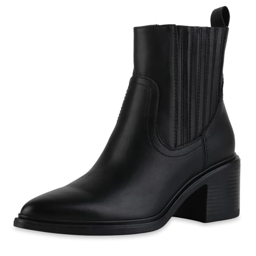 VAN HILL Damen Klassische Stiefeletten Blockabsatz Basic Trendy Schuhe 217841 Schwarz 37 von VAN HILL