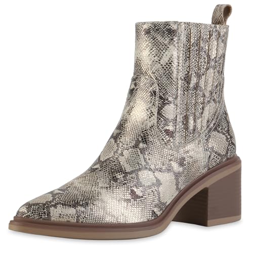 VAN HILL Damen Klassische Stiefeletten Blockabsatz Basic Trendy Schuhe 217843 Gold Snake 40 von VAN HILL