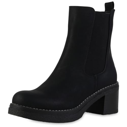VAN HILL Damen Klassische Stiefeletten Blockabsatz Holzoptikabsatz Trendy Schuhe 217641 Schwarz 38 von VAN HILL