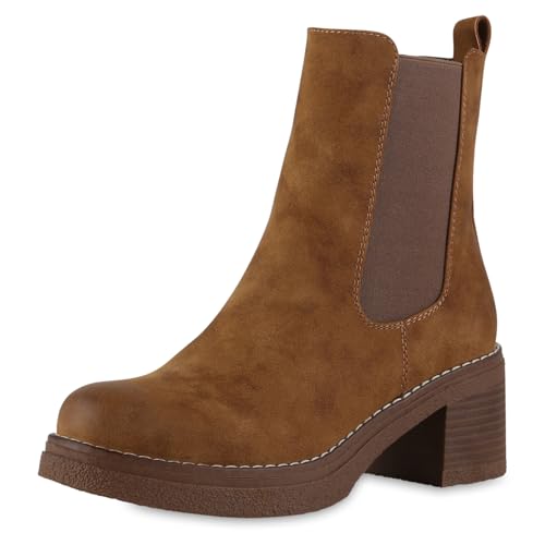 VAN HILL Damen Klassische Stiefeletten Blockabsatz Holzoptikabsatz Trendy Schuhe 217642 Hellbraun 40 von VAN HILL