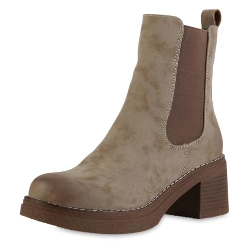 VAN HILL Damen Klassische Stiefeletten Blockabsatz Holzoptikabsatz Trendy Schuhe 217643 Khaki 40 von VAN HILL