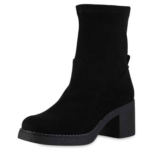 VAN HILL Damen Klassische Stiefeletten Blockabsatz Holzoptikabsatz Trendy Schuhe 217653 Schwarz 38 von VAN HILL