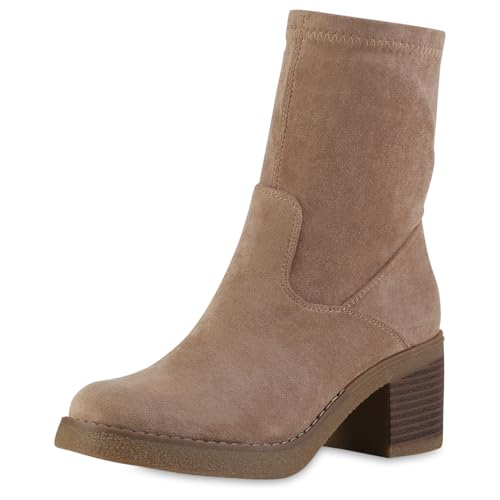 VAN HILL Damen Klassische Stiefeletten Blockabsatz Holzoptikabsatz Trendy Schuhe 217654 Khaki 36 von VAN HILL