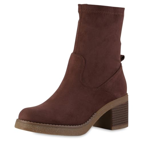 VAN HILL Damen Klassische Stiefeletten Blockabsatz Holzoptikabsatz Trendy Schuhe 217655 Braun 41 von VAN HILL