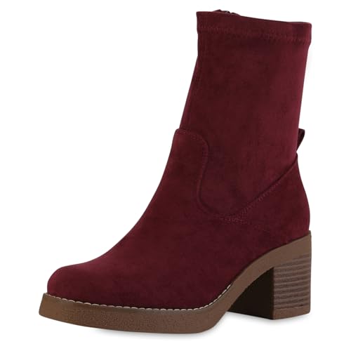 VAN HILL Damen Klassische Stiefeletten Blockabsatz Holzoptikabsatz Trendy Schuhe 217656 Burgund 42 von VAN HILL