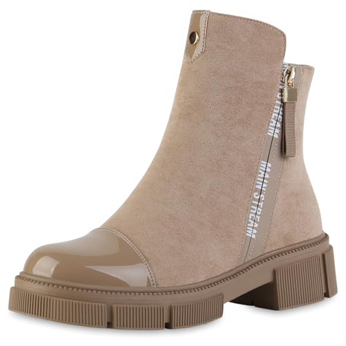 VAN HILL Damen Klassische Stiefeletten Blockabsatz Lack Trendy Schuhe 217629 Khaki Lack 40 von VAN HILL