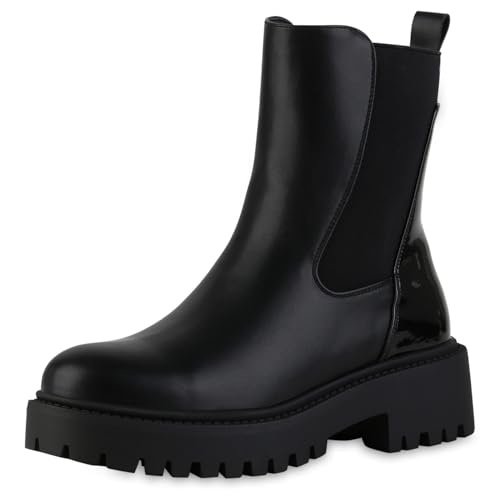 VAN HILL Damen Klassische Stiefeletten Blockabsatz Lack Trendy Schuhe 217679 Schwarz Lack 37 von VAN HILL