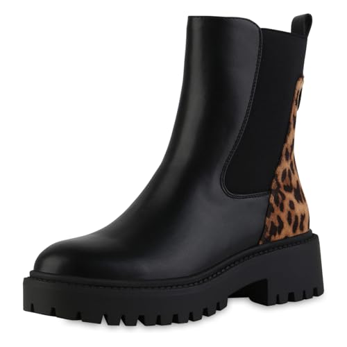 VAN HILL Damen Klassische Stiefeletten Blockabsatz Lack Trendy Schuhe 217680 Schwarz Leopard 38 von VAN HILL