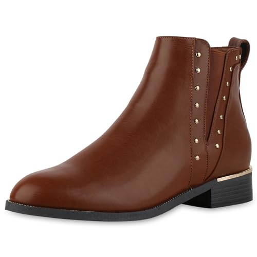 VAN HILL Damen Klassische Stiefeletten Blockabsatz Nieten Trendy Schuhe 213966 Hellbraun 43 von VAN HILL